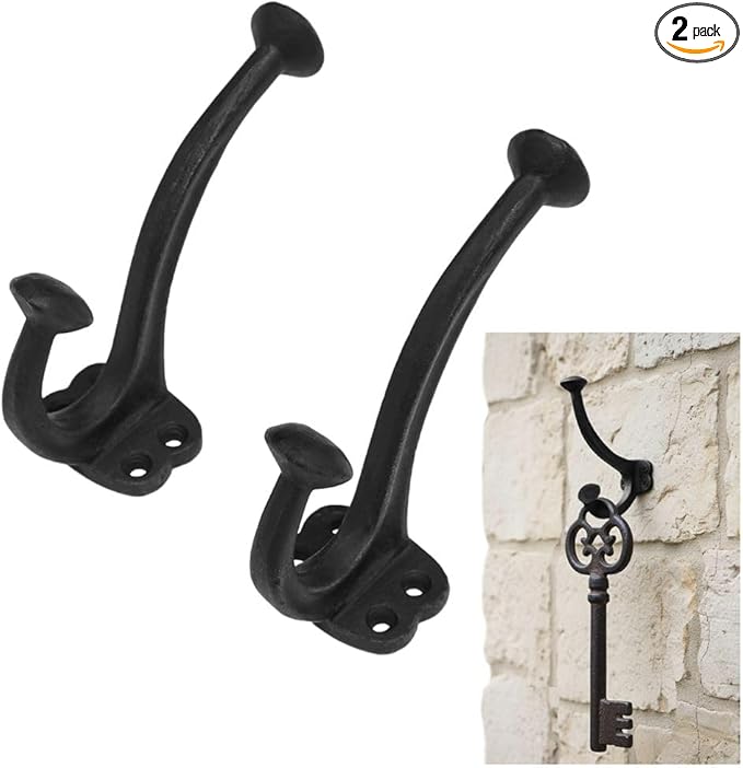 Mystic Colonial Rustic Medieval Cast Iron Wall Hooks (Set of 2) | (4 in x 3 in) Vintage Black Finish Double Coat & Hat Hook Hangers | Heavy-Duty Hook for Farmhouse, Gothic & Modern Spaces