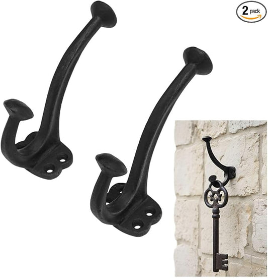 Mystic Colonial Rustic Medieval Cast Iron Wall Hooks (Set of 2) | (4 in x 3 in) Vintage Black Finish Double Coat & Hat Hook Hangers | Heavy-Duty Hook for Farmhouse, Gothic & Modern Spaces