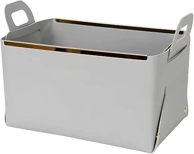 Decorative Faux Leather Basket,Small Catchall Basket for Entryway Bedside Dresser End table,Collapsible Rectangle Tray Organizer Box (Light Grey)