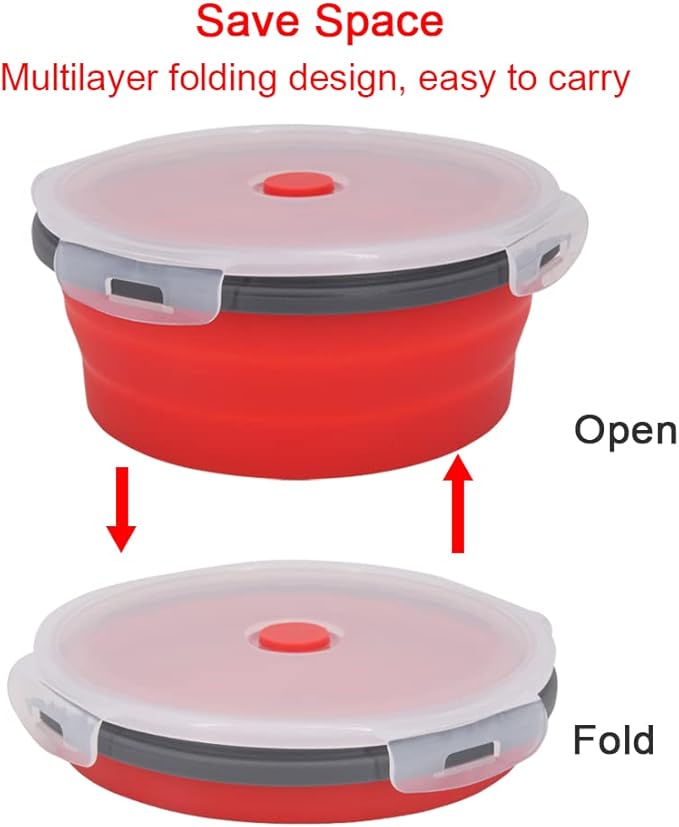 Guyuyii 4-Pack Silicone Collapsible Bowls with Lids - Round Nesting Food Storage Containers for Camping, RV & Office Lunch - Microwave Freezer Dishwasher Safe Foldable Set for Cereal, Soup & Leftovers