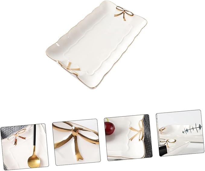 Ceramic Jewelry Tray with Bow Accent 7.87X4.72 Inch Rectangular Jewelry Dish Organizer for Home Countertop Storage and Cosmetics Accessories