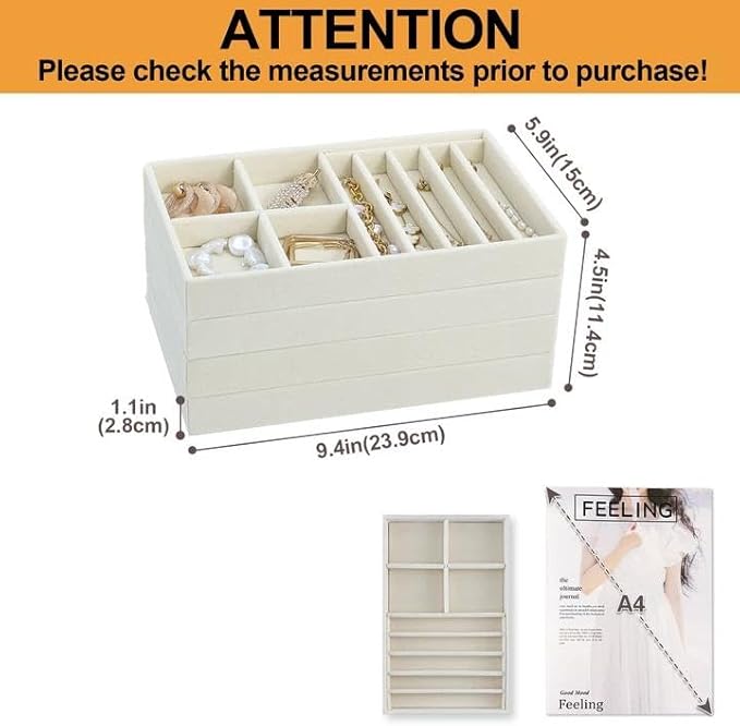 ProCase Stackable Jewelry Organizer Trays for Drawers, Jewelry Drawer Inserts Container Display Case Storage for Earring Necklace Rings Bracelet with Removable Dividers -Cream Beige, 4 Layers