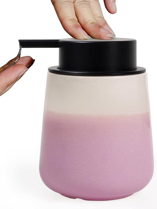 INGOFIN Ceramic Hand Soap Dispenser - 12 oz Liquid Lotion Dispenser Bathroom, Refillable Modern Dish Soap Dispenser with Pump for Kitchen, Beige and Pink