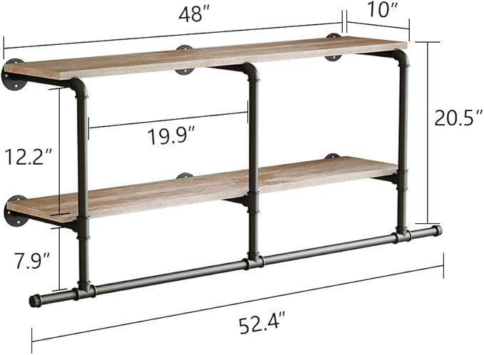 MAIKAILUN Industrial Pipe Clothes Rack with Wood Shelf, 52" Long Wall Mounted Clothing Rack with Hanging Rod for Laundry Room, Heavy Duty Pipe Shelves, Closet Storage, Retail Boutique Display