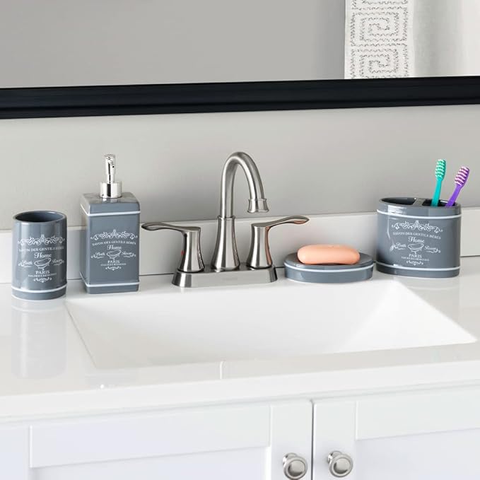 Paris Design 4-Piece Ceramic Bathroom Set, By Home Basics (Grey) | Chic Design Bathroom Accessory Sets | Accessories For Bathroom | Includes Soap Dish, Tumbler, Toothbrush Holder, and Lotion Dispenser