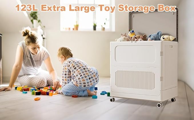 Large Plastic Storage Bins with Lid, 123L Collapsible Sturdy Storage Organizer Boxes Bins Baskets with Wheels, Home Storage Organizer for Bedroom Living