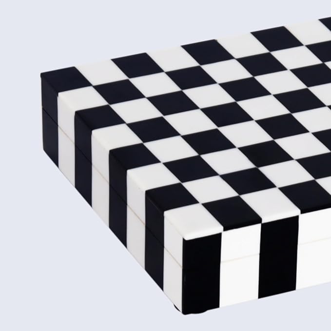 Handicrafts Home Decorative Storage Box with Lid – Black and White Decorative Box for Remote Controls, Slim Coffee Table Storage Box for Shelf, Desk & Living Room Decor – Puzzle Check 8 x 6 x 1.5