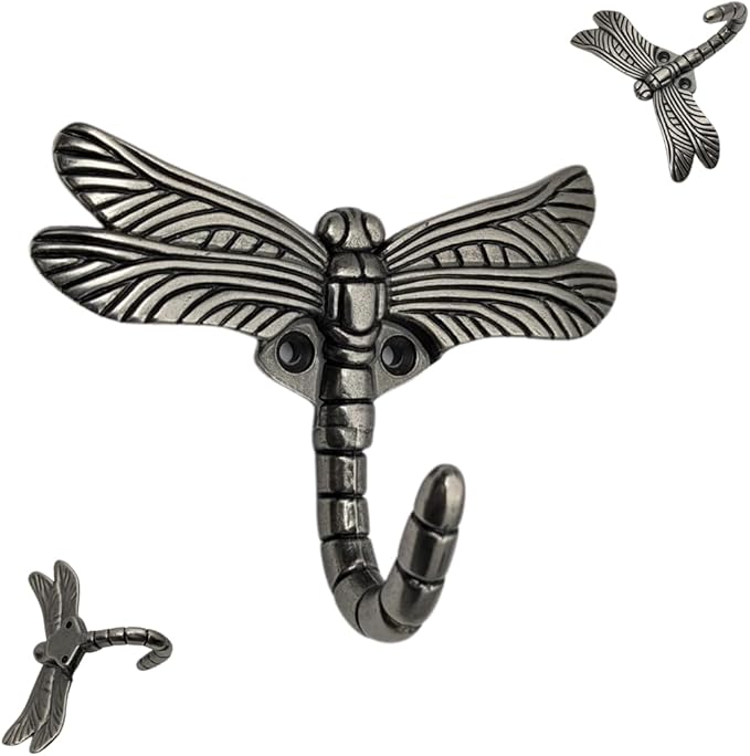 6 pcs Antique Silver Dragonfly Decorative Wall Hooks for Hanging Coats, Keys, Towels, Bags, and More