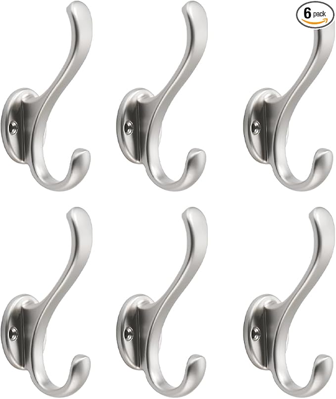 khtumeware Satin Nickel Coat Hooks 6 Pack Hardware Towel Hooks for Hanging Coats Silver Robe Hooks Wall Mounted for Key Towel Bags Cup Hat