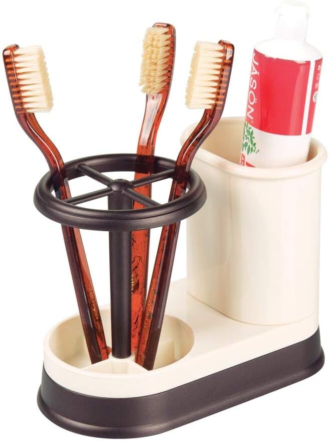 mDesign Decorative Bathroom Dental Storage Organizer Holder Stand for Electric Spin Toothbrush/Toothpaste - Compact Design for Countertop and Vanity, Holds 4 Standard Brushes - Vanilla/Bronze