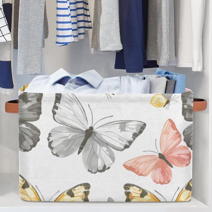 Cute Storage Bins for Organization, Canvas Book Storage Bins Handles, Bedroom Shelves Decorative Baskets for Organizing, Fabric Cube Bin Classroom Dorm Closet Organizer Box (Butterflies)