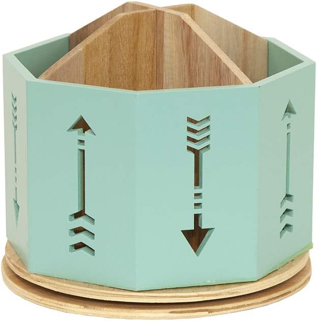 Spinning Desktop Stationary Organizer â Decorative Wooden Rotating Pen and Pencil Cup â 4 Compartment Teal Desk and Table Top Office Supplies Station with Arrow Design - by Designstyles