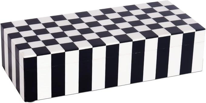 Handicrafts Home Decorative Storage Box with Lid – Black and White Box for Remote Controls, Coffee Table Storage Organizer, Keepsake Decorative Box for Shelf & Hallway Decor – Puzzle Check 10x4.5x2.5