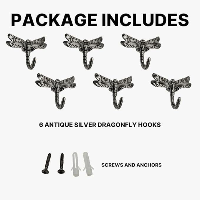 6 pcs Antique Silver Dragonfly Decorative Wall Hooks for Hanging Coats, Keys, Towels, Bags, and More