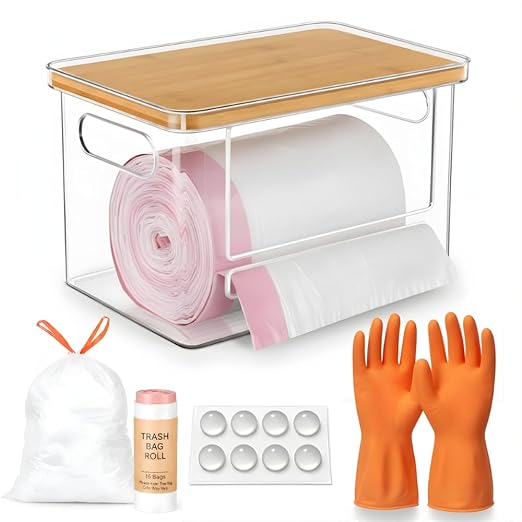 Trash Bag Dispenser with Front Opening, Stackable Garbage Bag Holder for Kitchen & Home, Fits 1 Gallon Bags, Includes Reusable Gloves, Adhesive Anti-Slip Pads & 15 Trash Bags–Large Organizer