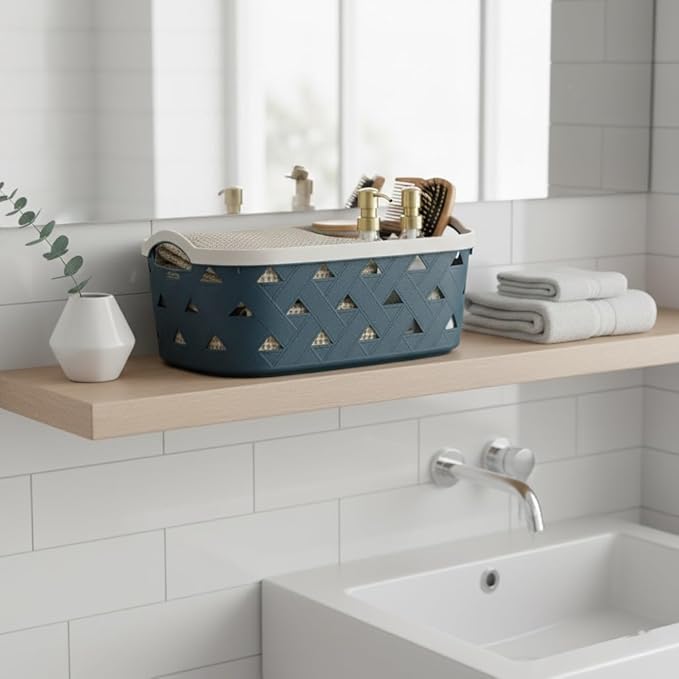 Extra-Large Plastic Storage Basket with Handles – Blue & Cream Decorative Bin for Bathroom, Living Room, or Laundry – Designer Leather Pattern Organizer Basket, 16.7L