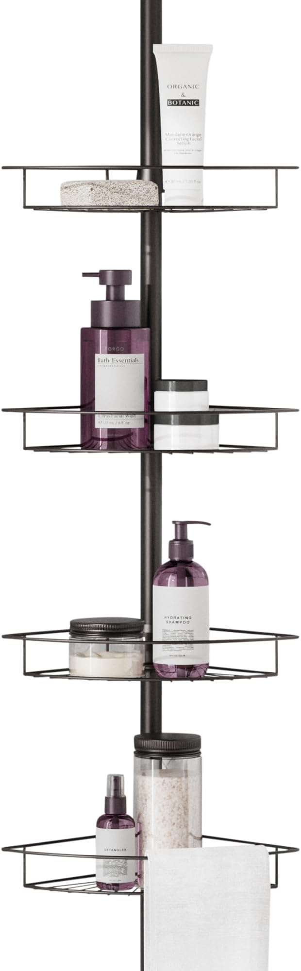 Zenna Home Tension Pole Shower Caddy Corner Organizer, Adjustable Standing Shower Caddy with 4 Baskets and Towel Bar, Rust Resistant Bathroom Tension Rod Organizer, 60 to 97 Inch, Bronze