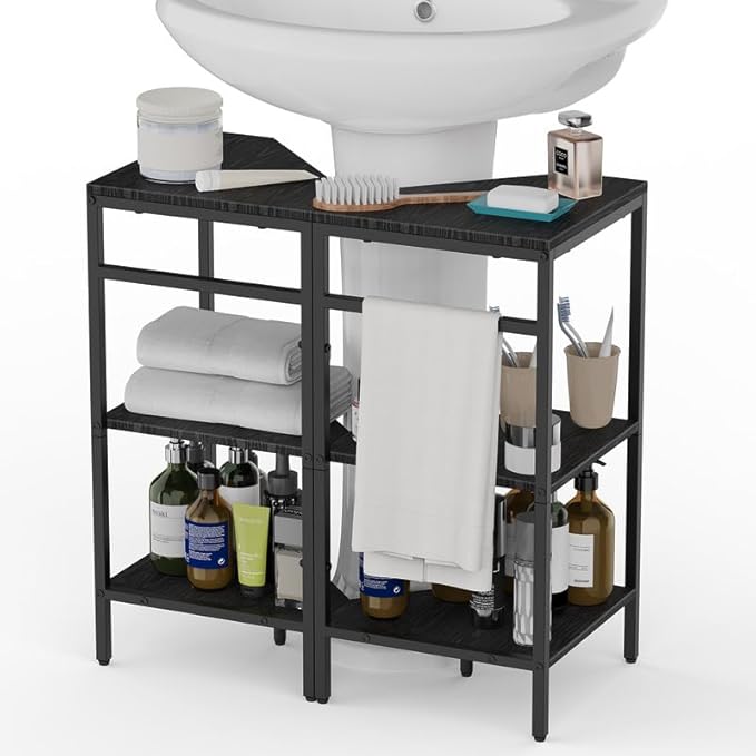 Under Pedestal Sink Shelf, 2 Pack Under Sink Organizers and Storage, 3-Tier Pedestal Under Sink Storage Bathroom Vanity, Corner Shelf Stand for Bathroom, Kitchen, Living Room, Black