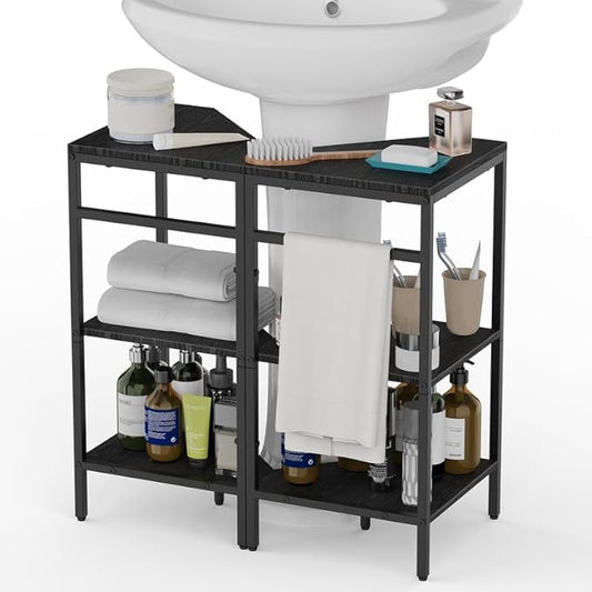 Under Pedestal Sink Shelf, 2 Pack Under Sink Organizers and Storage, 3-Tier Pedestal Under Sink Storage Bathroom Vanity, Corner Shelf Stand for Bathroom, Kitchen, Living Room, Black