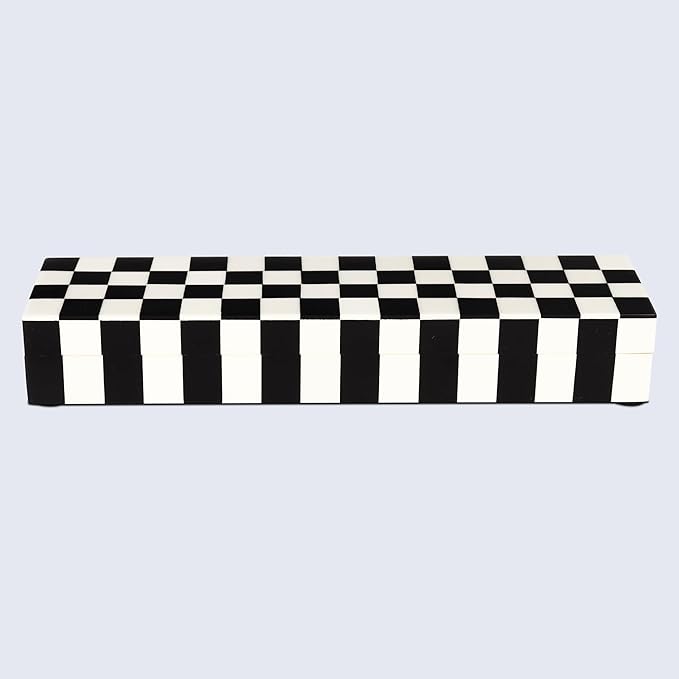 Handicrafts Home Decorative Storage Box with Lid – Black and White Remote Control Box, Slim Coffee Table Storage Box, Decorative Box for Shelf, Desk & Living Room Decor – Puzzle Check 10 x 2.5 x 1.5