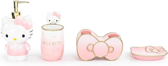 Jay Franco Hello Kitty 4 Piece Bathroom Accessories Set - Pink Resin Soap Dispenser, Toothbrush Holder, Soap Dish, Tumbler - Sanrio Kawaii Bathroom Decor