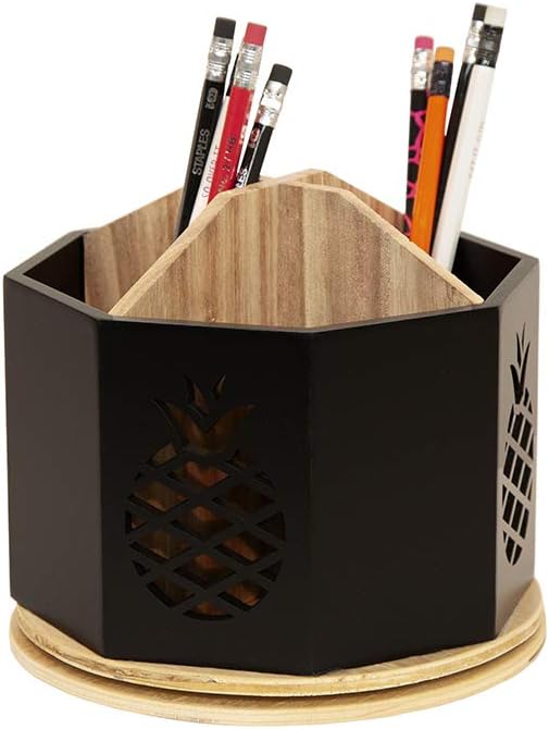 Spinning Desktop Stationary Organizer â Decorative Wooden Rotating Pen and Pencil Cup â 4 Compartment Black Desk and Table Top Office Supplies Station with Pineapple Cutout - by Designstyles