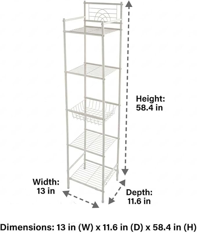 Bath Bliss 5 Tier Freestanding Bathroom Storage Shelf, White Metal Organizer Rack | Rust Resistant Space Saving Bathroom Stand | Toilet Paper Towel Holder | Bathroom Organizer for Small Spaces