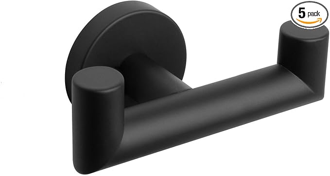 NearMoon Bathroom Double Towel Hook- SUS304 Stainless Steel Robe Towel Holder, Heavy Duty Double Coat Hook for Bathroom Livingroom Kitchen Wall Mounted (Matte Black-U, 5 Pack)