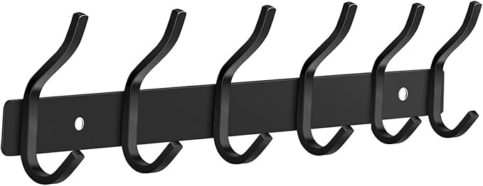 Black Wall Hooks, 17 Inch Coat Rack Wall Mount with 6 Hooks, Wall Hooks Heavy Duty for Hanging Backpack, Bag, Purse, Clothes, Hat, Coat, Towel | Entryway & Bathroom Storage Organization Hanger
