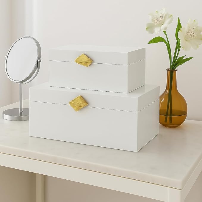 Vintiquewise Set of 2 Decorative Wooden Storage Boxes with Gold Accent – Boxes for Keys, Jewelry, Makeup, Accessories, Crafts, Gadgets, Home Office, Living Room, Bedroom & Entryway Décor, White