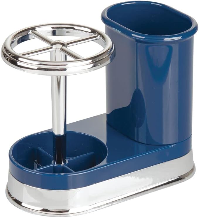 mDesign Decorative Bathroom Dental Storage Organizer Holder Stand for Electric Spin Toothbrush/Toothpaste - Compact Design for Countertop and Vanity, Holds 4 Standard Brushes - Navy Blue/Chrome