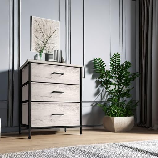 Sorbus Nightstand Dresser with 3 Faux Wood Drawers - Bedside Table Chest with Storage, Steel Frame, Wood Top, Easy Pull Fabric Bins for Bedroom, Living Room, Closet & Dorm Furniture Lamp Stand