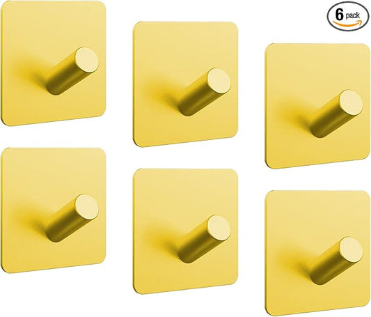PMMASTO Self-Adhesive Towel Hooks - Sticky Heavy Duty Wall Robe Coat Hook for Hanging- Shower Hooks (Gold, “/ ”Shape 6PC)