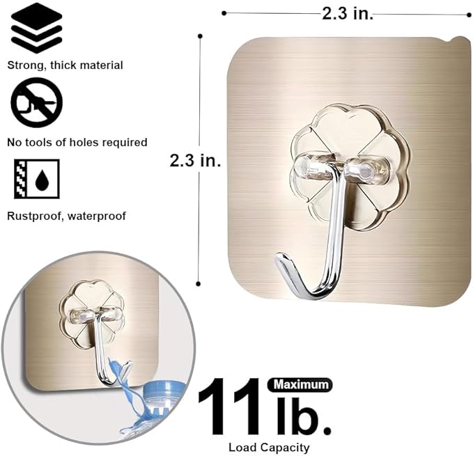 Koja 5 Pack Heavy-Duty Self-Adhesive Hooks - Transparent, Waterproof, Stick-on Wall Hooks for Keys, Bathroom, Shower, Outdoor, Kitchen, Door, Home Improvement, Utility Room - Brushed Gold