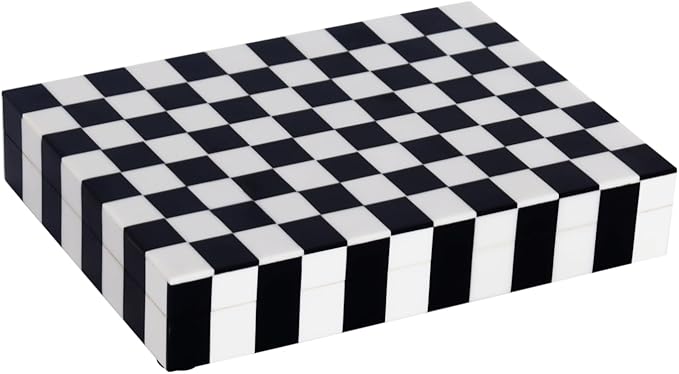 Handicrafts Home Decorative Storage Box with Lid – Black and White Decorative Box for Remote Controls, Slim Coffee Table Storage Box for Shelf, Desk & Living Room Decor – Puzzle Check 8 x 6 x 1.5