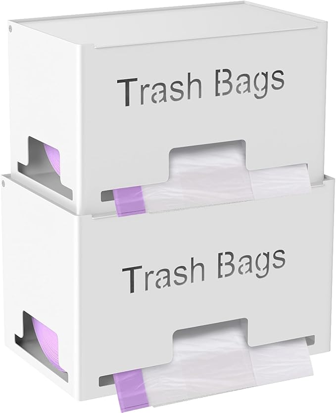 2-Pack Trash Bag Holder Dispenser, Stackable Garbage Bag Dispenser, Extra Large Trash Storage Organizer for Kitchen Laundry Under Sink, Wall Mounted or Freestanding, Metal White