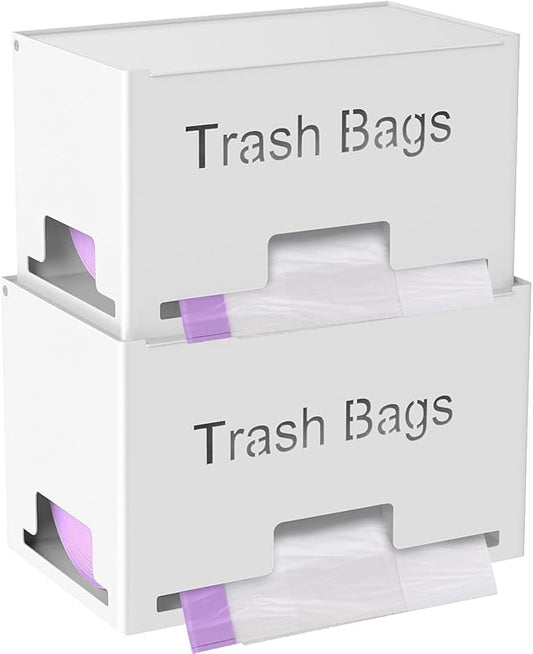 2-Pack Trash Bag Holder Dispenser, Stackable Garbage Bag Dispenser, Extra Large Trash Storage Organizer for Kitchen Laundry Under Sink, Wall Mounted or Freestanding, Metal White