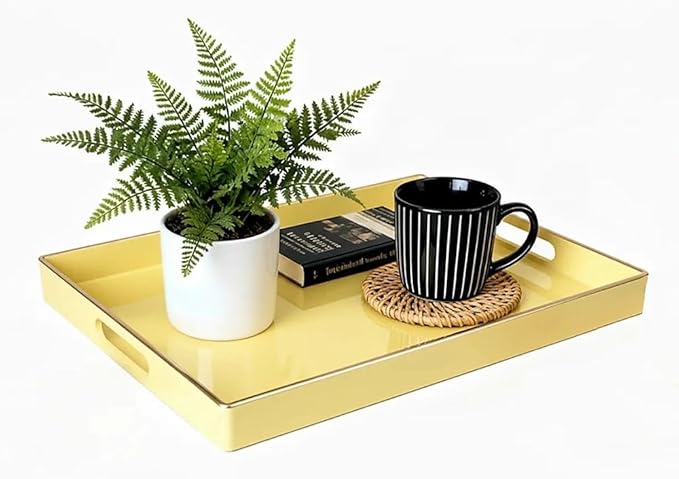 Zosenley Decorative Tray, Rectangular Plastic Tray with Handles, Modern Vanity Tray and Serving Tray for Bathroom, Kitchen, Ottoman and Coffee Table, 15.6â x 10.2â (Light Yellow)