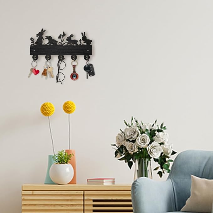 MAYJOYDIY Bunny Meadow Flower Coat Rack 11.8×7.2inch Wood 4 Rabbits Key Holder for Wall Rabbits Butterfly Wildflower Carrot Key Hanger 5 Alloy Hooks Key Rack for Farmhouse Gift Entryway Art Decor