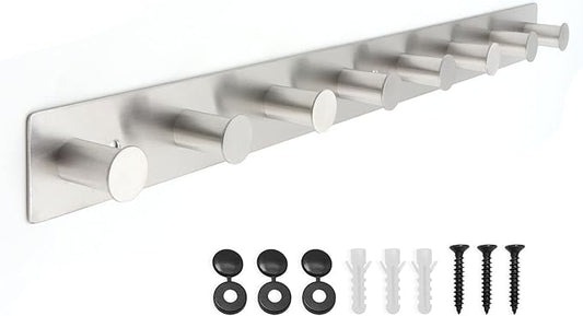 Coat Rack Wall Mounted, White Coat Hooks Screw in, Stainless Steel Door Hooks for Hanging Hat Towels Clothes, Hook Rail with 8 Round Hangers (Silver, 8 Hooks)