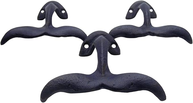 Wowser Navy Blue Whale Tail Cast Iron Wall Hooks, Wall Mounted for Hanging Clothes & Accessories, Nautical Home & Office Decor, Set of 3, 4.75 Inches High