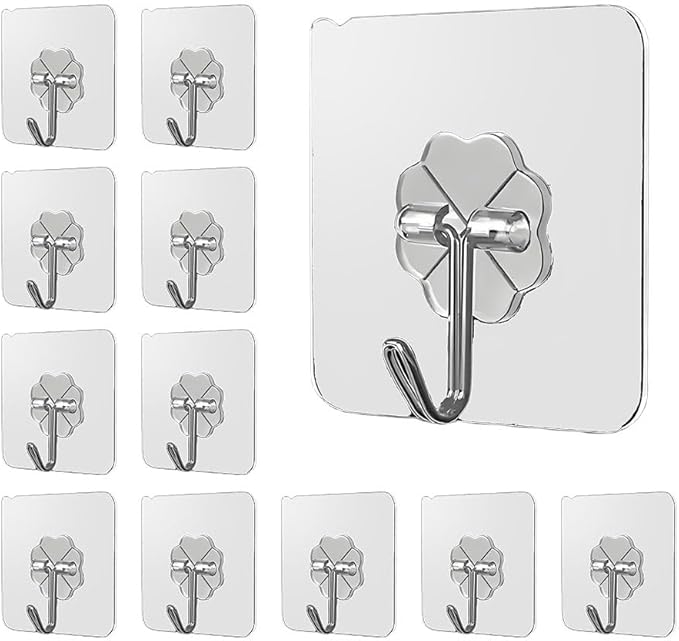 Koja 12 Pack Heavy-Duty Self-Adhesive Hooks - Transparent, Waterproof, Stick-on Wall Hooks for Keys, Bathroom, Shower, Outdoor, Kitchen, Door, Home Improvement, Utility Room.