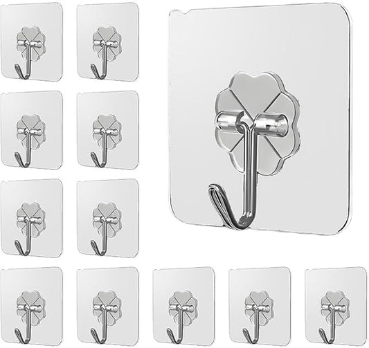 Koja 12 Pack Heavy-Duty Self-Adhesive Hooks - Transparent, Waterproof, Stick-on Wall Hooks for Keys, Bathroom, Shower, Outdoor, Kitchen, Door, Home Improvement, Utility Room.