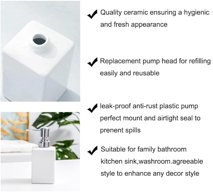 White Soap Dispenser and Toothbrush Holder with Tray,Ceramic Bathroom Accessories Set Modern Square Countertop Bath Set,Liquid Soap Dispenser,Tumbler Cup,Wooden Vanity Tray