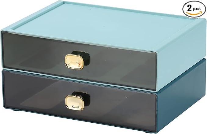 Spacious Desktop Storage Box, 2 Large Storage Drawers, Stackable Office Desk Drawer Organizer and Accessories, Printer Paper Organizer, Blue & Cyan Plastic Drawers for Workspace & Home
