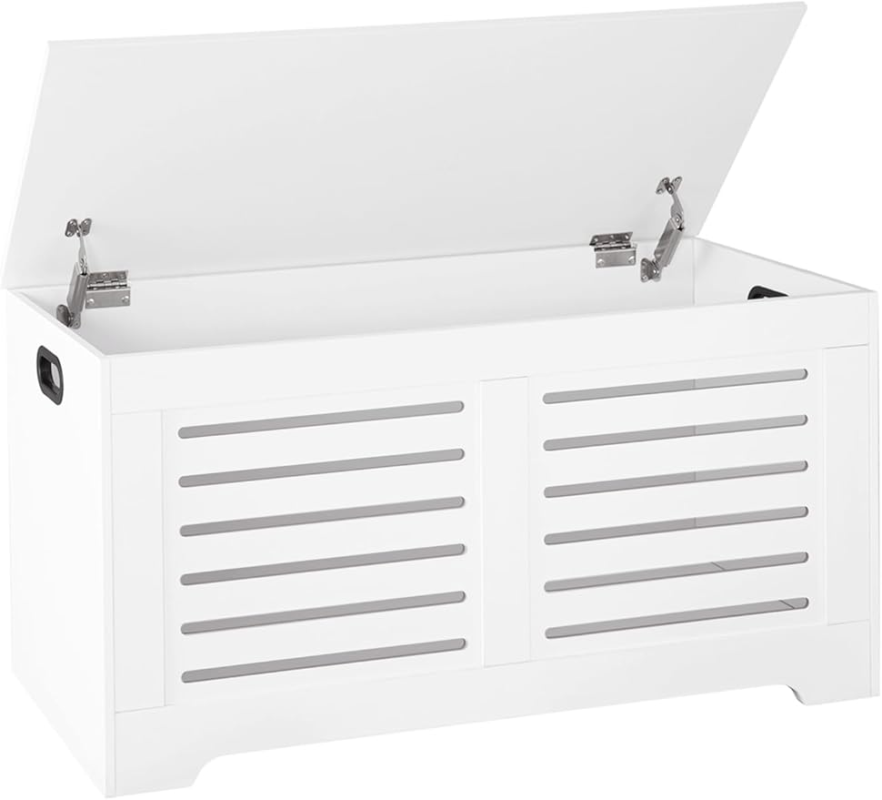 DINZI LVJ Storage Chest, 39.4âWooden Toy Box with 2 Safety Hinges, Retro Entryway Shoe Storage Bench with Flip-Top, Sturdy Large Storage Trunk for Living Room, Bedroom, Easy Assembly, White