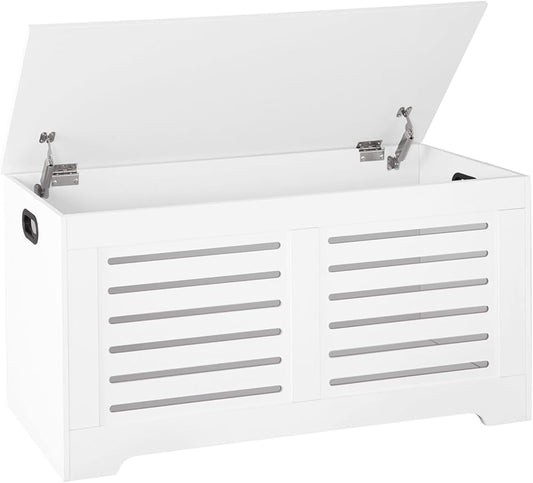 DINZI LVJ Storage Chest, 39.4âWooden Toy Box with 2 Safety Hinges, Retro Entryway Shoe Storage Bench with Flip-Top, Sturdy Large Storage Trunk for Living Room, Bedroom, Easy Assembly, White