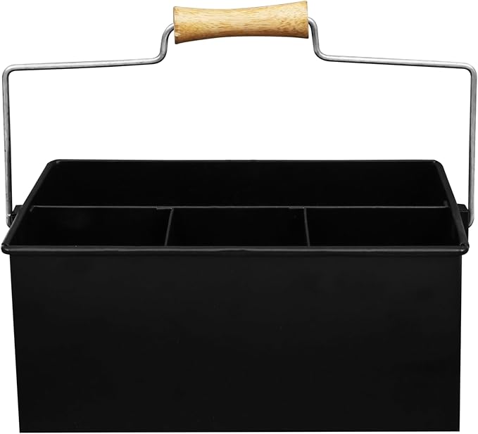 Alpha Living Home Heavy Duty Metal Alloy Utensil Silverware Caddy - 4 Compartment Flatware Organizer with Handle - Farmhouse Rustic Kitchen Storage for Countertop, Tabletop, Picnics & Parties (Black)