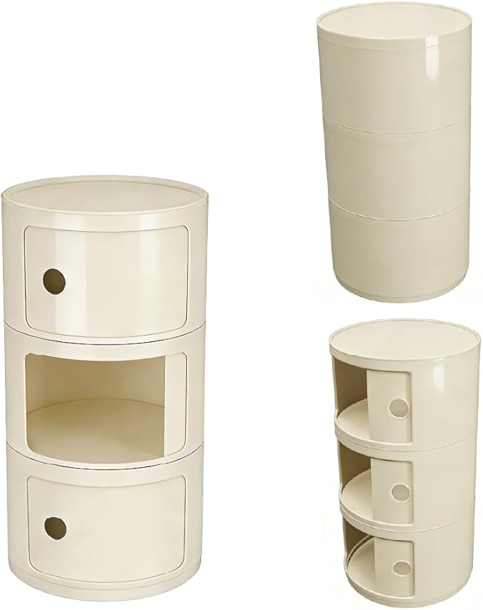 3 Tier Round with Storage, Modern Style Side Table, Multifunctional End Table Storage Cabinet for Living Room, Bedroom, Bathroom (Beige)