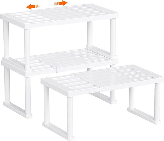 Lifewit Cabinet Shelf Organiser, Expandable Countertop Kitchen Shelves, Plastic Shelf Riser for Pantry Kitchen Storage and Spice Rack, Set of 3, 40 x 21 x 18cm/16 x 8 x 7 inch, White
